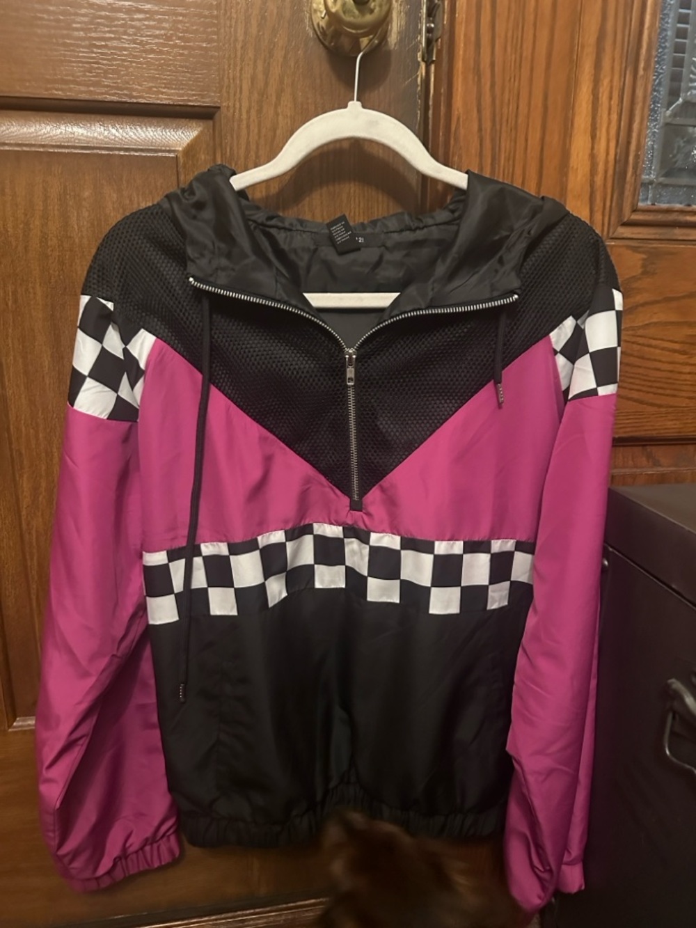 Forever 21 Pink and Black Checkered Hooded Windbreaker Jacket
